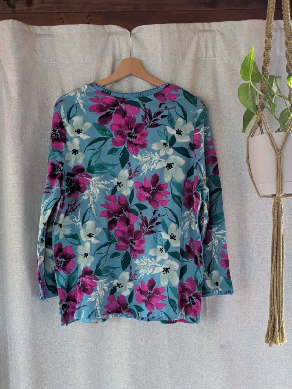 Midnight by Carole Hochman Teal Floral Long-Sleeve Tee with Magenta Blooms - Picture 6 of 6